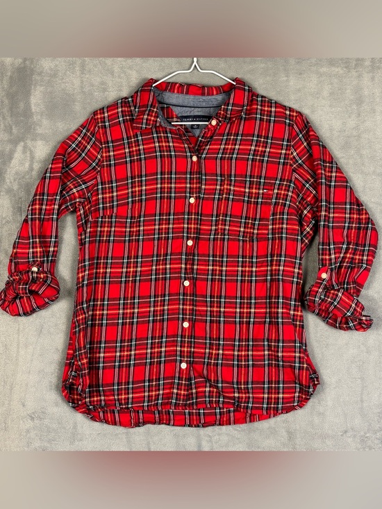 Tommy Hilfiger Tops - Tommy‎ Hilfiger Womens M Red Plaid Metallic Shimmer Roll Tab Button Up Shirt